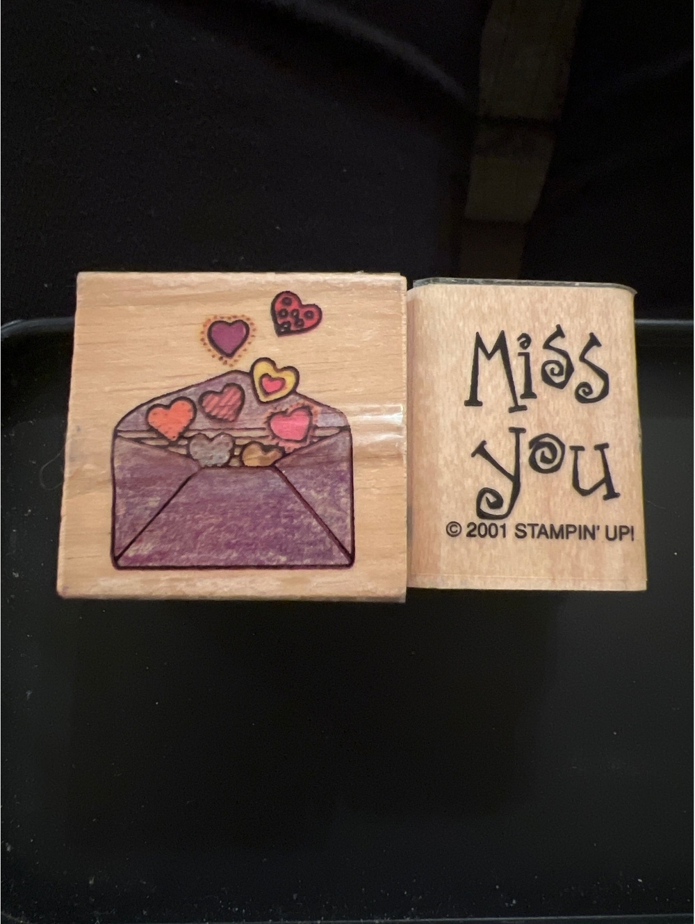 2001 Stampin' Up! Miss You Rubber Stamp Set with Envelope and Hearts